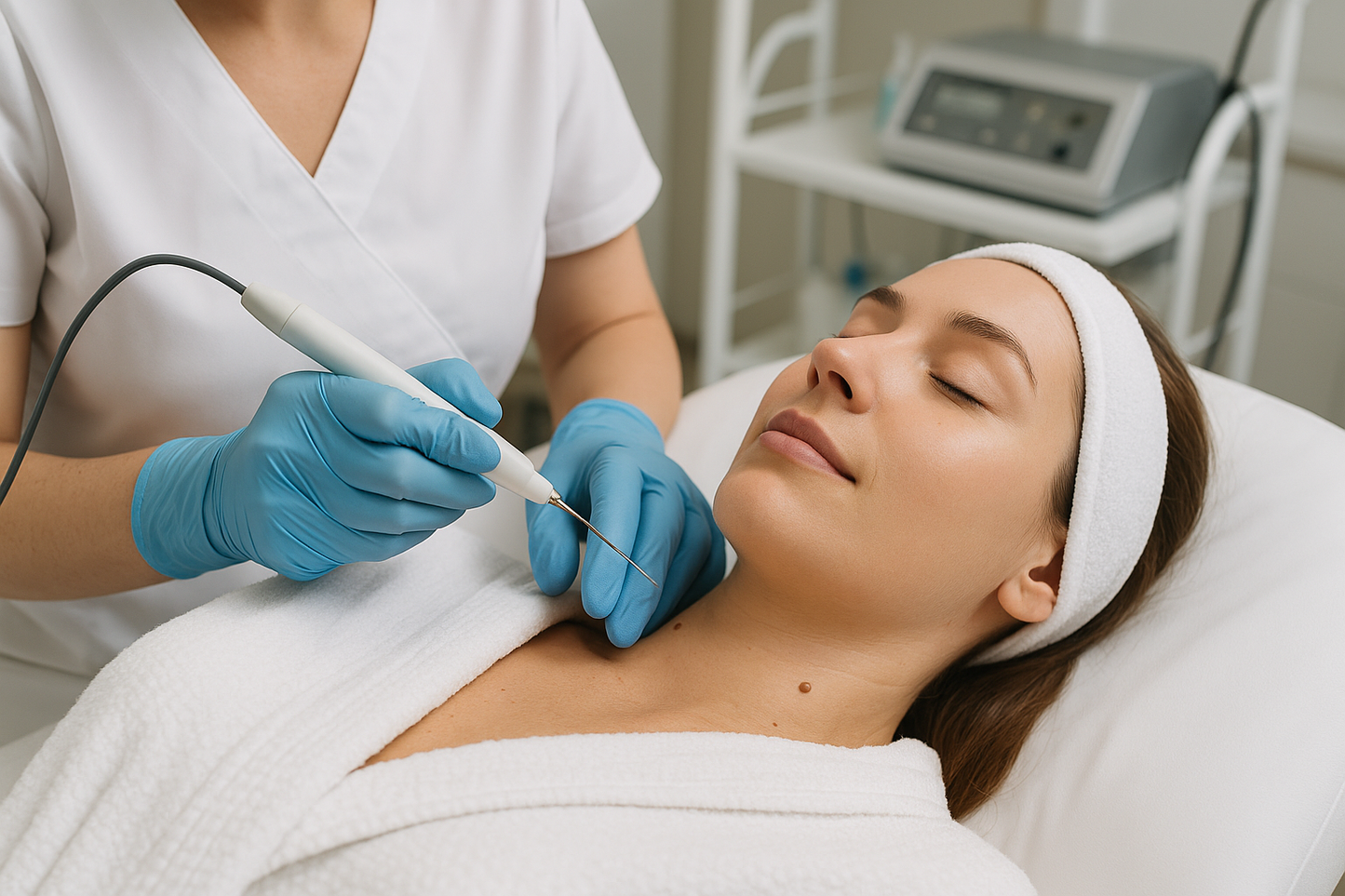 skin tag mole removal treatment showing the client receiving the treatment