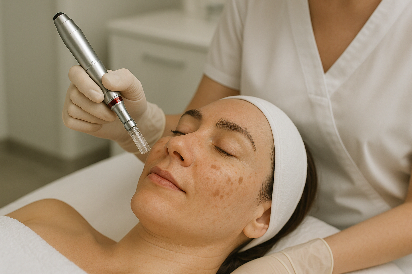 showing only the client receiving microneedling pigmentation treatment