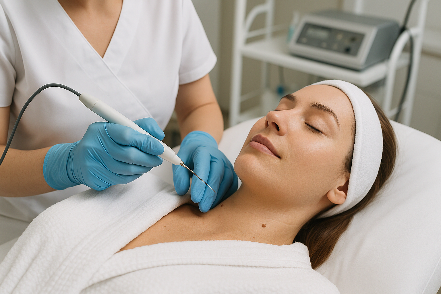 skin tag mole removal treatment showing the client receiving the treatment